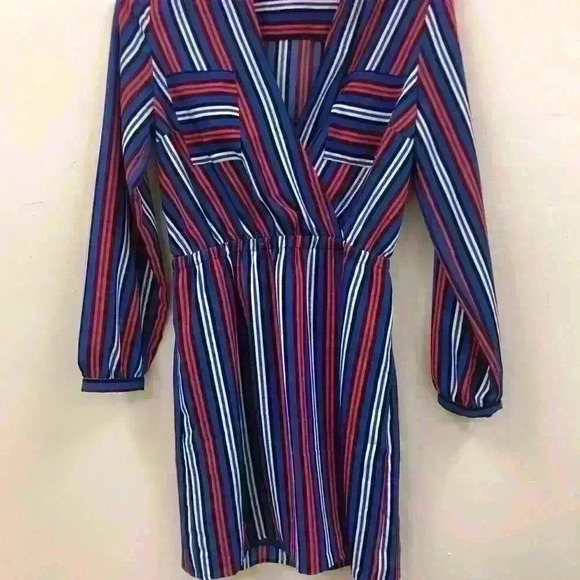Express Red White Blue Lines Long Sleeves Dress - Picture 5 of 6
